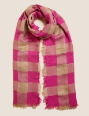 M&s Collection Checked Fringed Scarf with Wool
