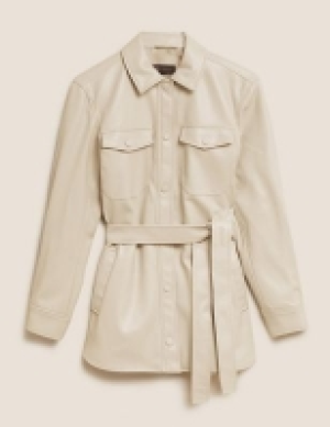 M&s Collection Faux Leather Belted Collared Shacket