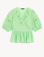 Marks and Spencer M&s Collection Pure Cotton Embroidered Puff Sleeve Blouse