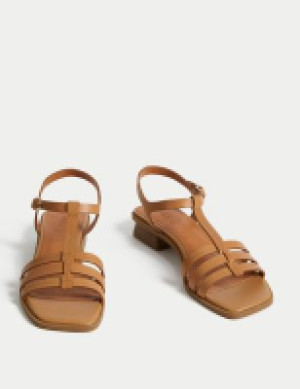 M&s Collection Wide Fit Leather T Bar Block Heel Sandals
