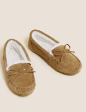 M&s Collection Suede Bow Faux Fur Lined Moccasin Slippers