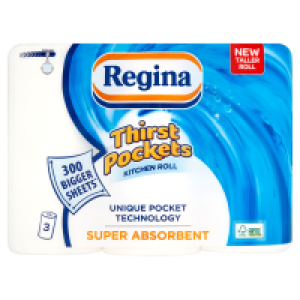 Regina Thirst Pockets White Kitchen Roll 3 Pack